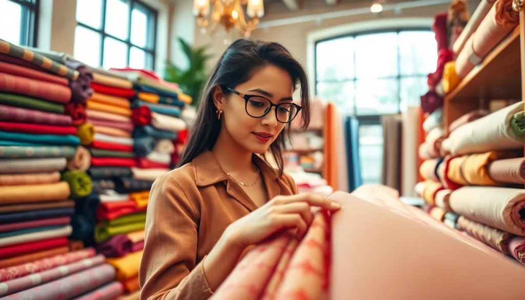 Dames stoffen online – Vrouw selecteert kleurrijke stoffen in een sfeervolle stoffenwinkel.