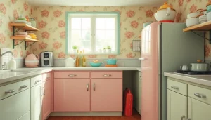 Showcase a retro appliance refrigerator enhancing a vibrant kitchen environment.