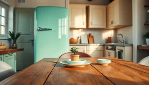 Bright mint green retro appliance refrigerator with chrome accents in a cozy kitchen setting.