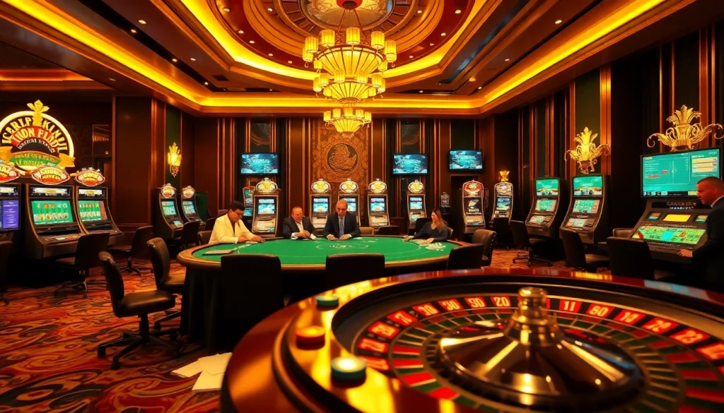 vin777 vin exhilarating poker game scene in a luxurious casino with vibrant slot machines