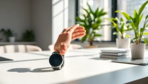 Showcase Pulse Smart Watch on a desk with hand reaching, highlighting its stylish design.