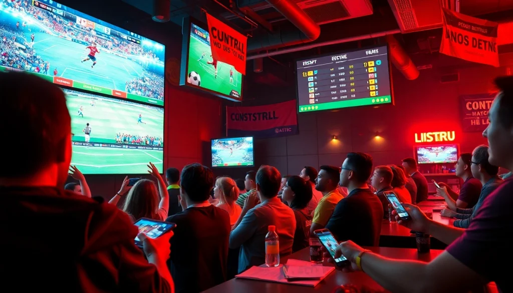 Tỷ lệ kèo displayed in a vibrant sports betting environment with fans cheering during a football match.