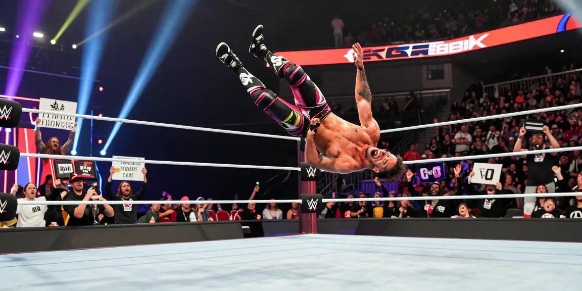 LA Knight delivering an exhilarating move during a WWE match, showcasing his wrestling skills and charisma.