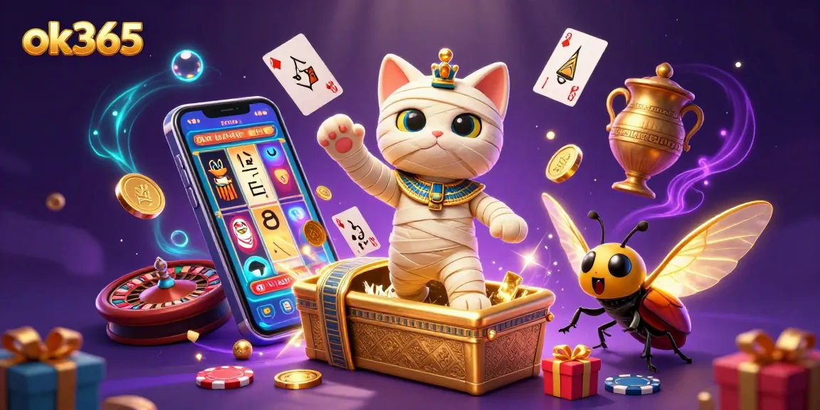 Engage in thrilling casino adventures with ok365 featuring a mummy cat, glowing scarab beetle, and vibrant gaming elements.