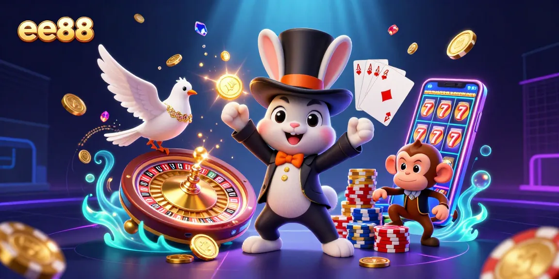 Test your luck with ee88's lively scene of a magician rabbit pulling coins and poker chips in action.