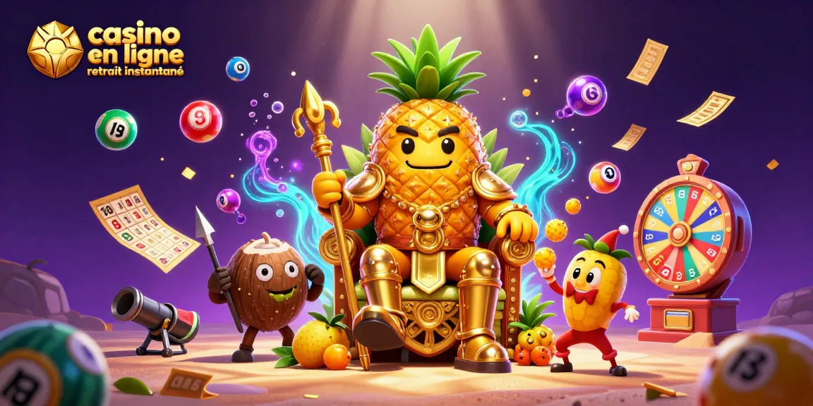 Casino en ligne retrait instantané avec le roi ananas et ses gardes porte-spears, entourés de jeux et de jubilation.
