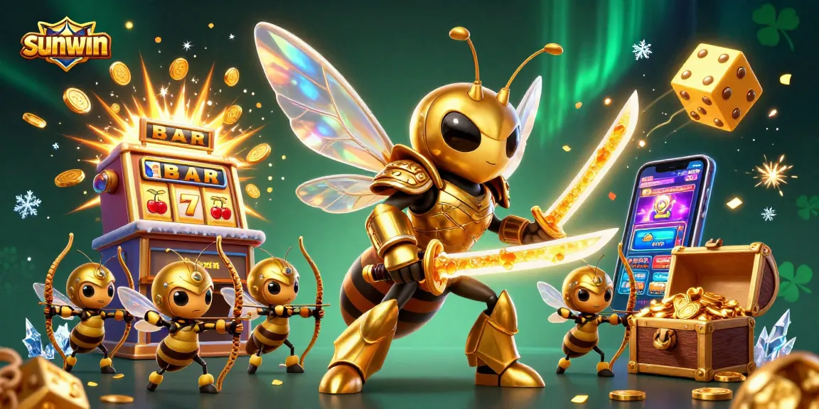 Exciting sunwin gaming scene featuring a cartoon hornet samurai and slot machine jackpot.