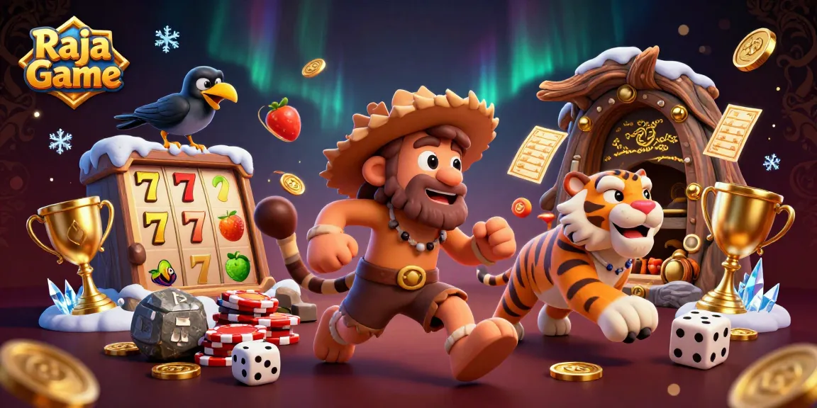 Engage in thrilling gameplay with Raja Game's unique prehistoric casino featuring slot reels and a clever crow.