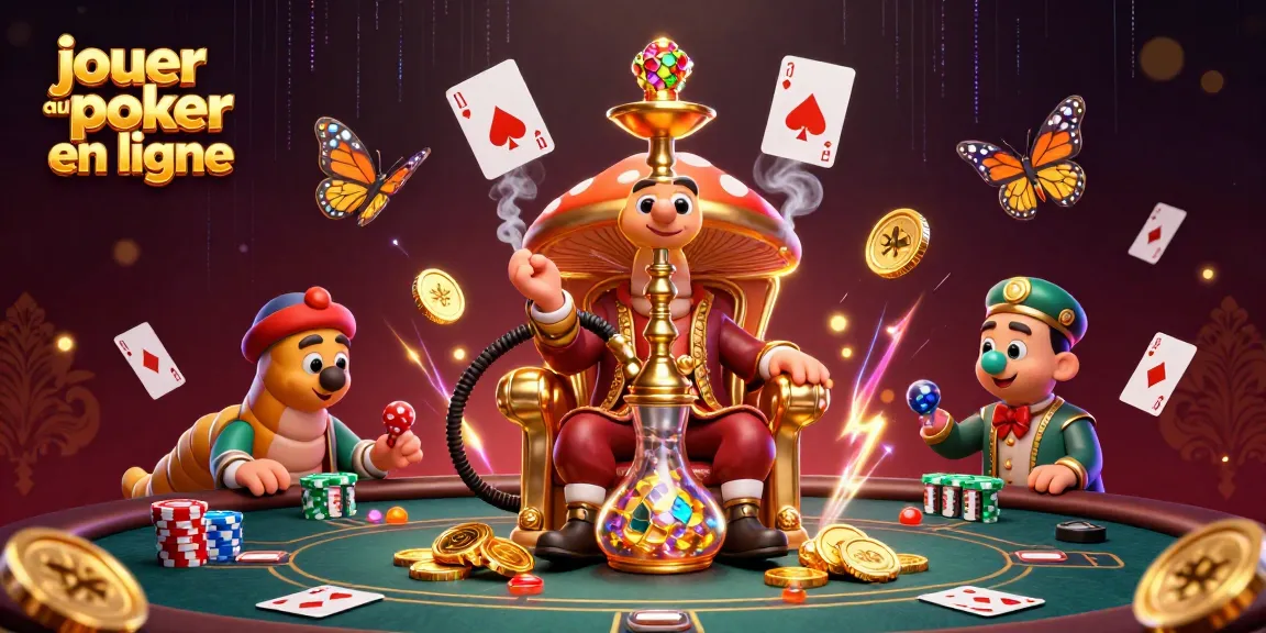Jouez au poker en ligne avec des symboles de main de poker flottants et un maître du narguilé captivant.