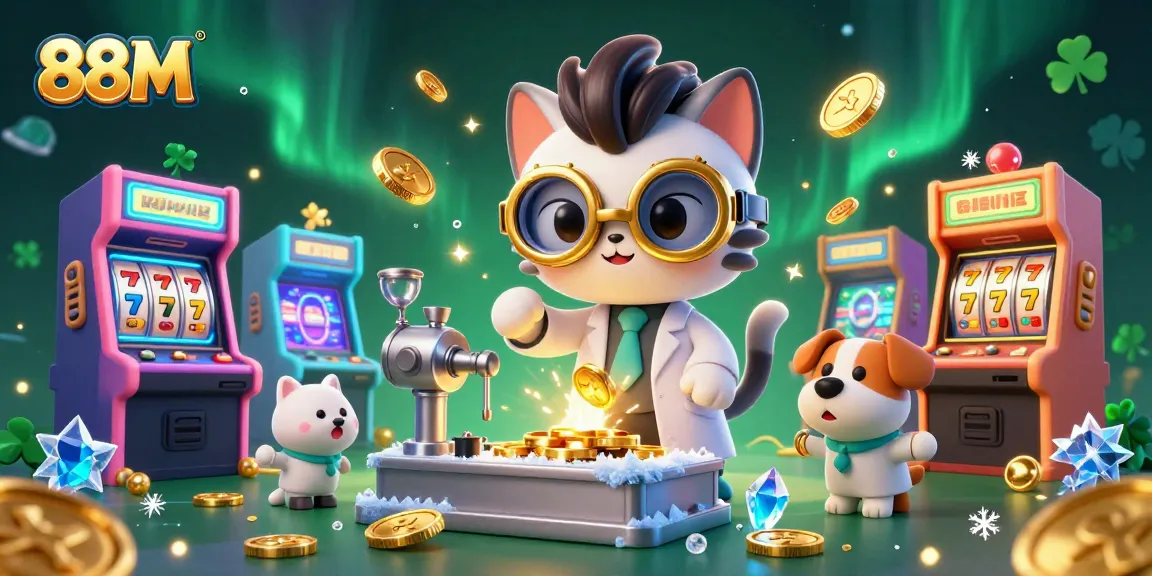88M brings excitement with a mad scientist cat and dog amid vibrant casino elements.
