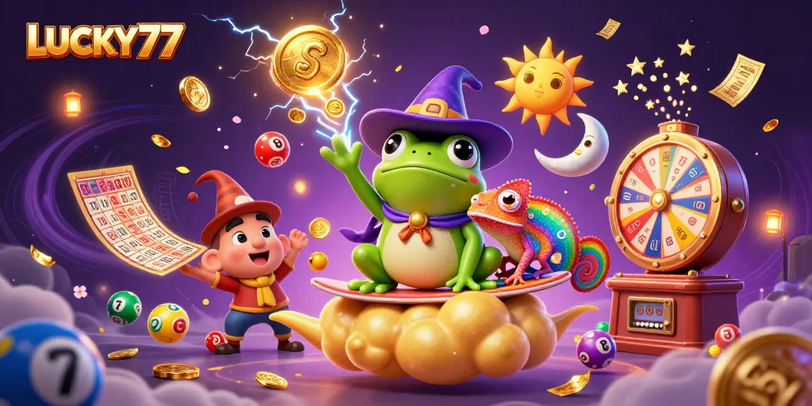 Immerse in LUCKY77 as a weather wizard frog conjures golden coins amidst vibrant gambling magic.