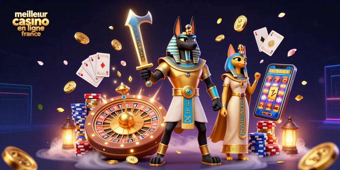 Visualisez le meilleur casino en ligne France avec des éléments captivants tels qu'Anubis entouré de pièces d'or, roulettes et cartes.