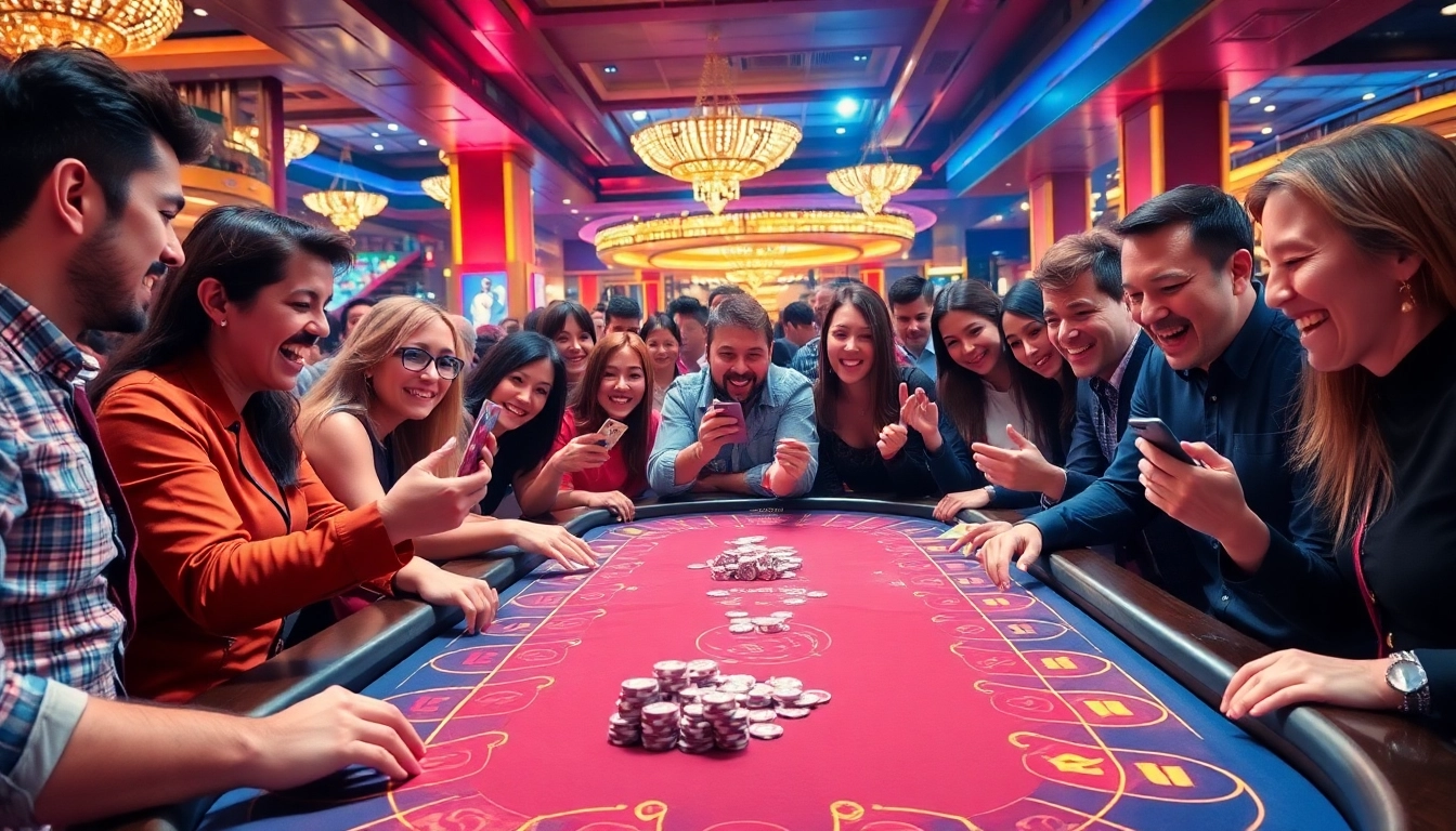 Pengunjung merayakan kemenangan di meja kasino situs toto dengan chip dan suasana ceria.