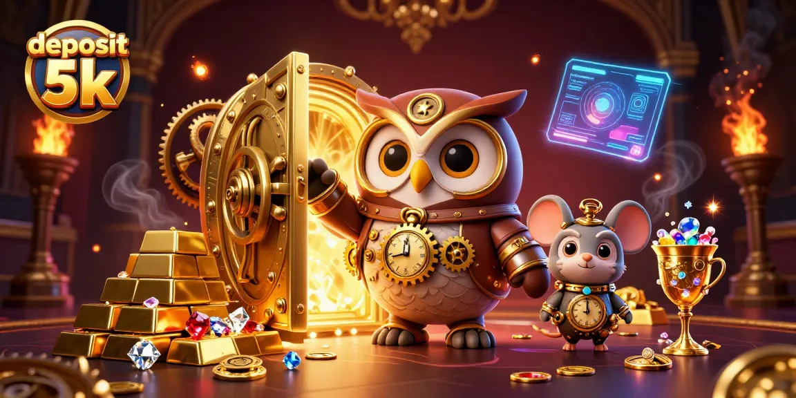 Spin slots and unlock treasures with deposit 5k in this 3D cartoon casino illustration.